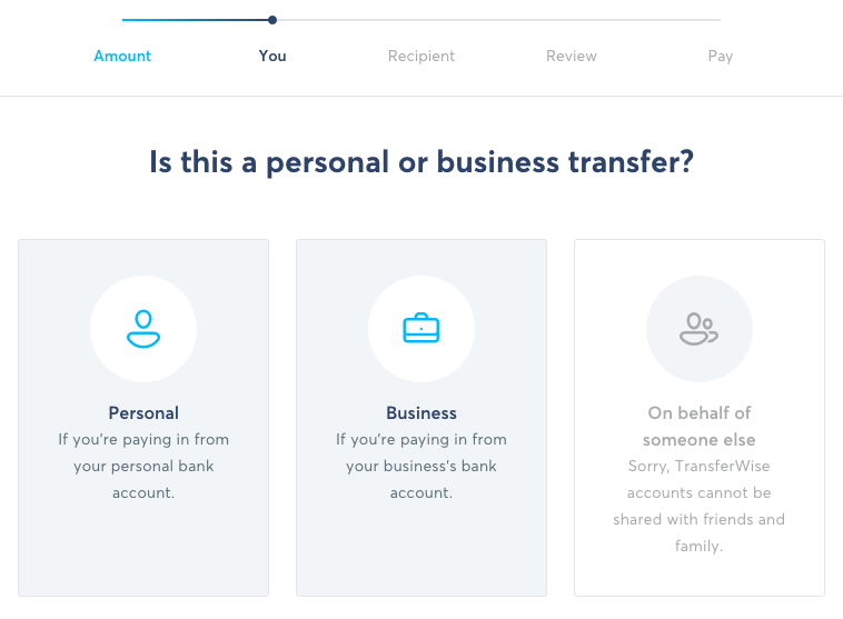 TransferWise Transfer Flow - Personal or Business Transfer