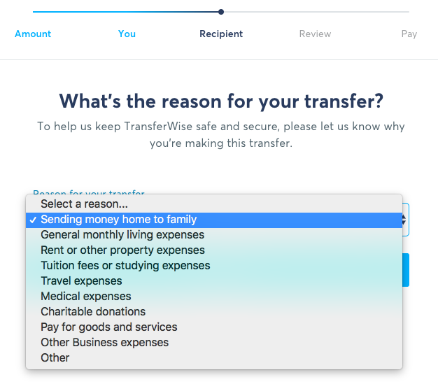TransferWise Transfer Flow - Reasons for Transfer
