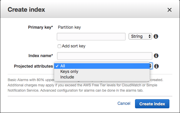 AWS DyanamoDB Table Index Projected Attributes Options
