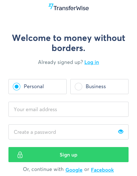 TransferWise Register Form