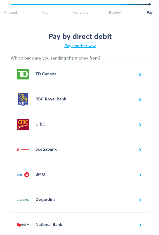 TransferWise Transfer Flow - Direct Debit Bank List