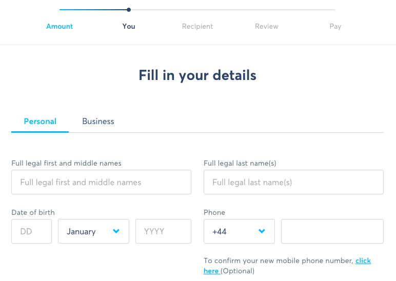 TransferWise Transfer Flow - Personal Details