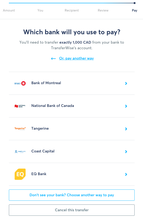 TransferWise Transfer Flow - Online Bill Pay Bank List