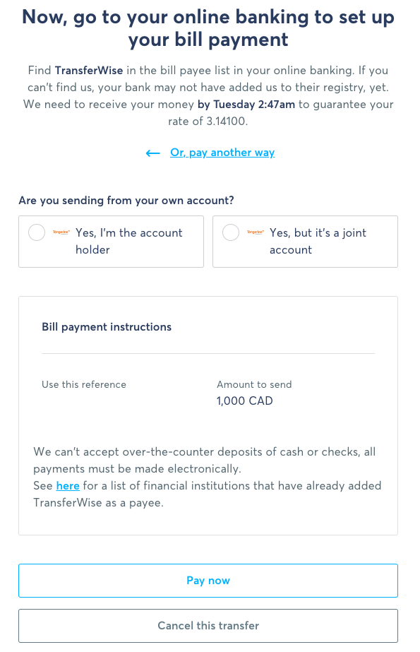 TransferWise Transfer Flow - Online Bill Pay Bank List