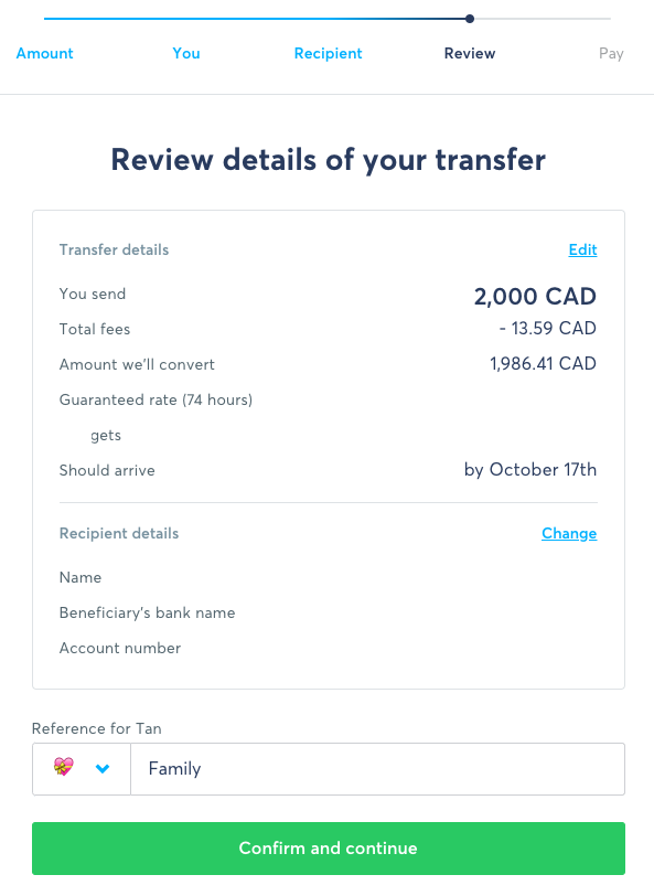 TransferWise Transfer Flow - Review Details of Transfer