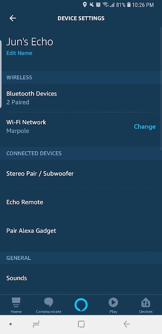 Screenshot of Alexa App Device Settings