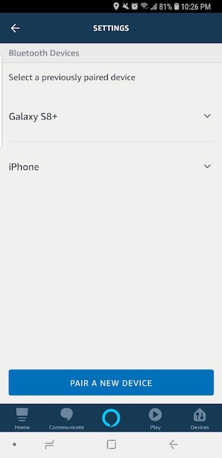 Screenshot of Alexa App Settings Bluetooth Devices