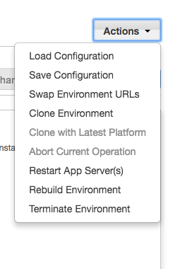 AWS Elastic Beanstalk Console Action Menu