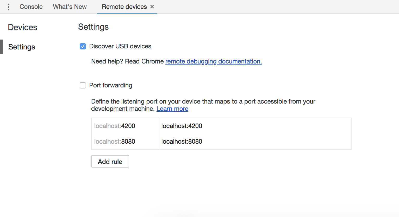 Chrome DevTools Discover USB Devices