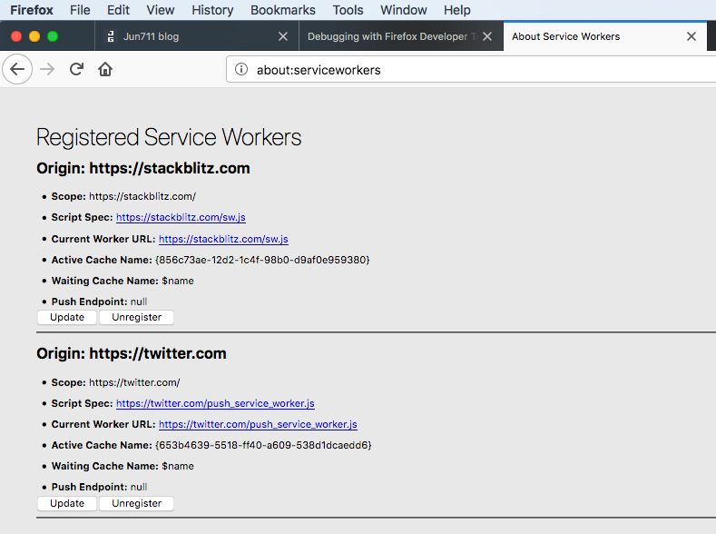 Firefox Service Worker List